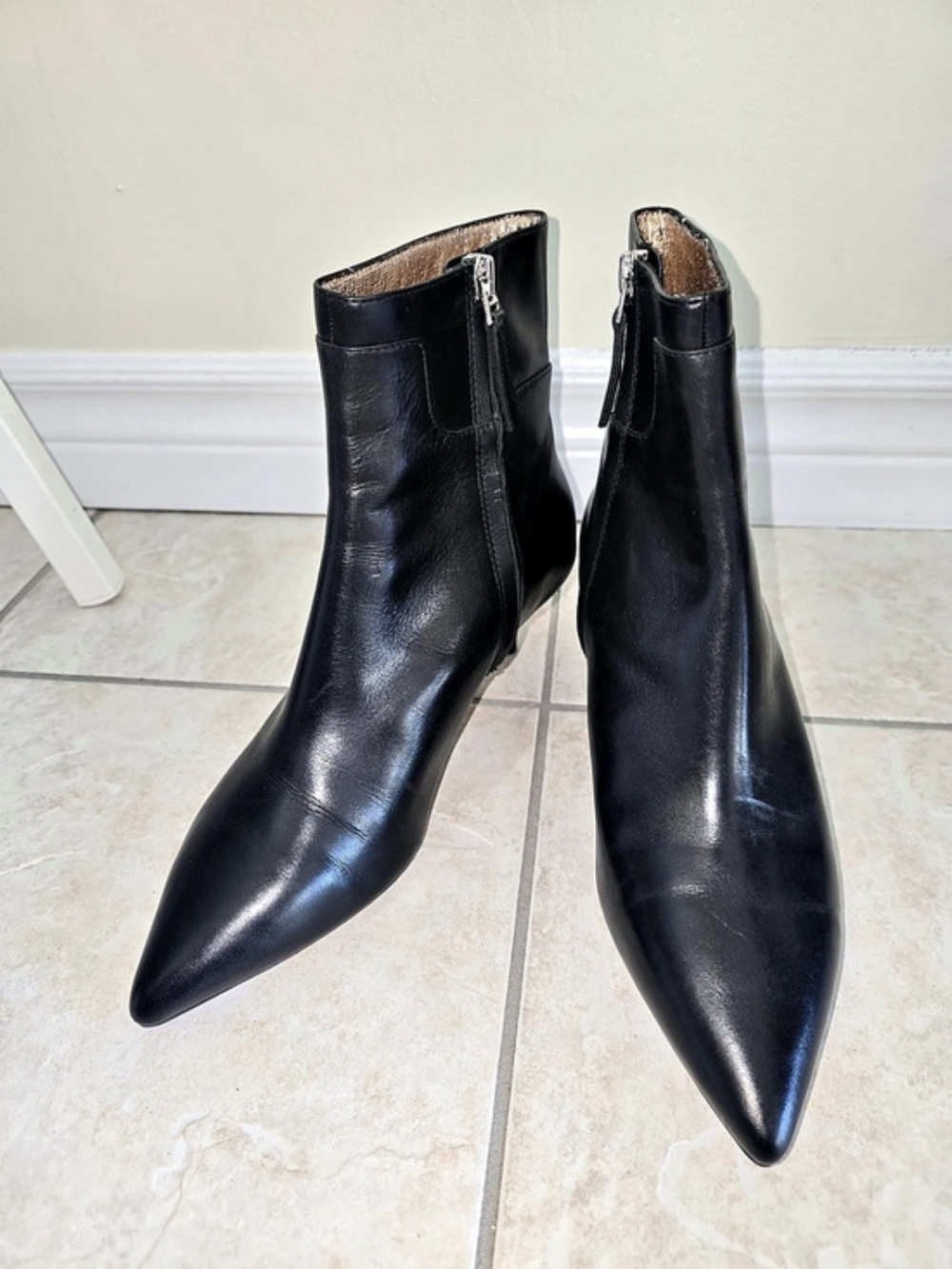 Zara Black Leather Pointed-Toe Ankle Boots Kitten Heel 38
